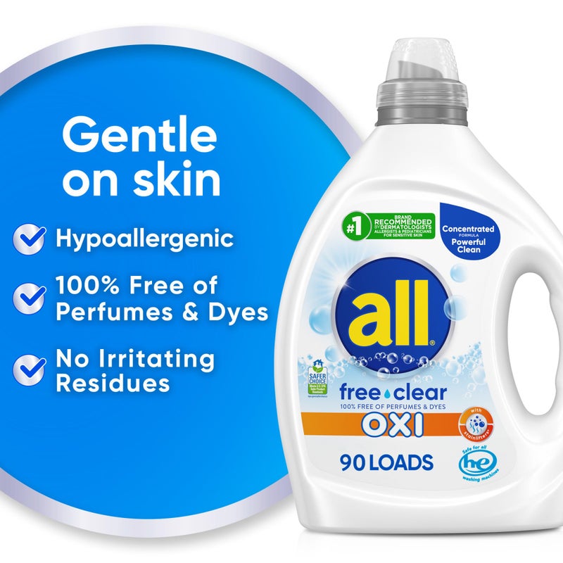 all Liquid Laundry Detergent, Free Clear for Sensitive Skin with OXI, Unscented and Hypoallergenic, 2X Concentrated, 90 Loads - Image 2